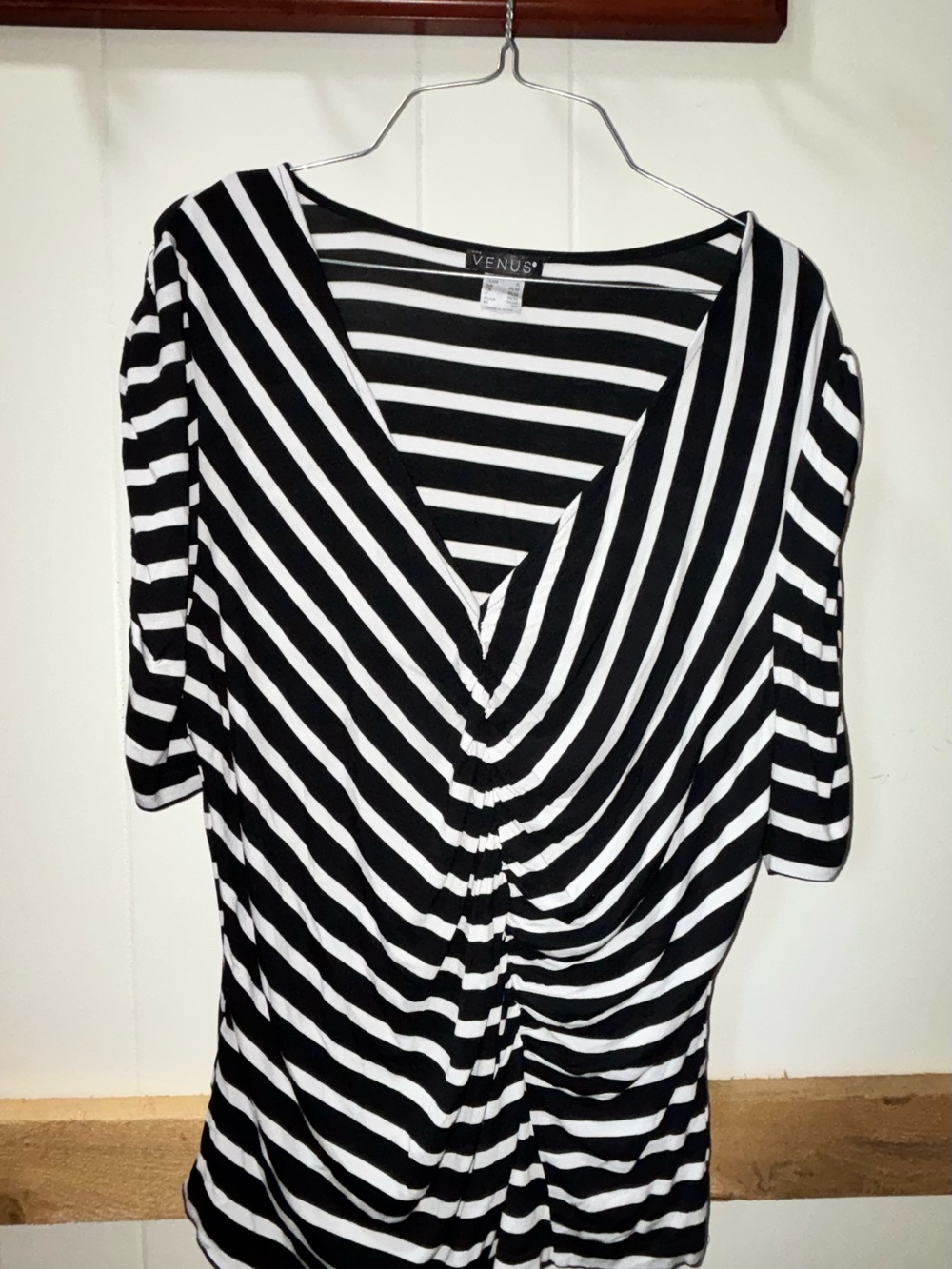 VENUS Black & White Striped V-Neck Ruched Top